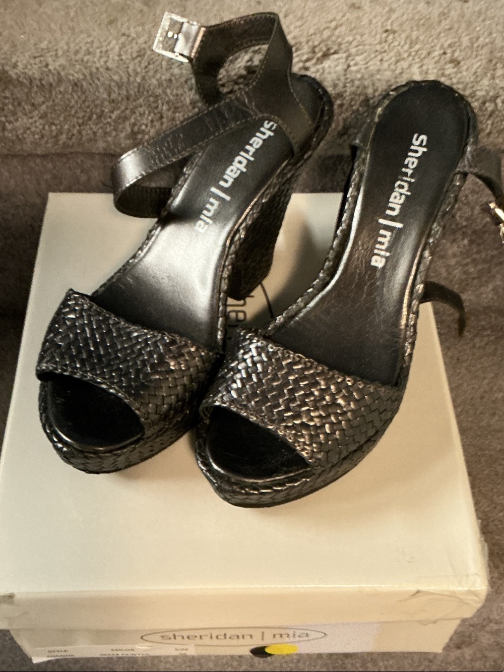 Sheridan Mia Black Woven Ankle-Strap Platform Heels